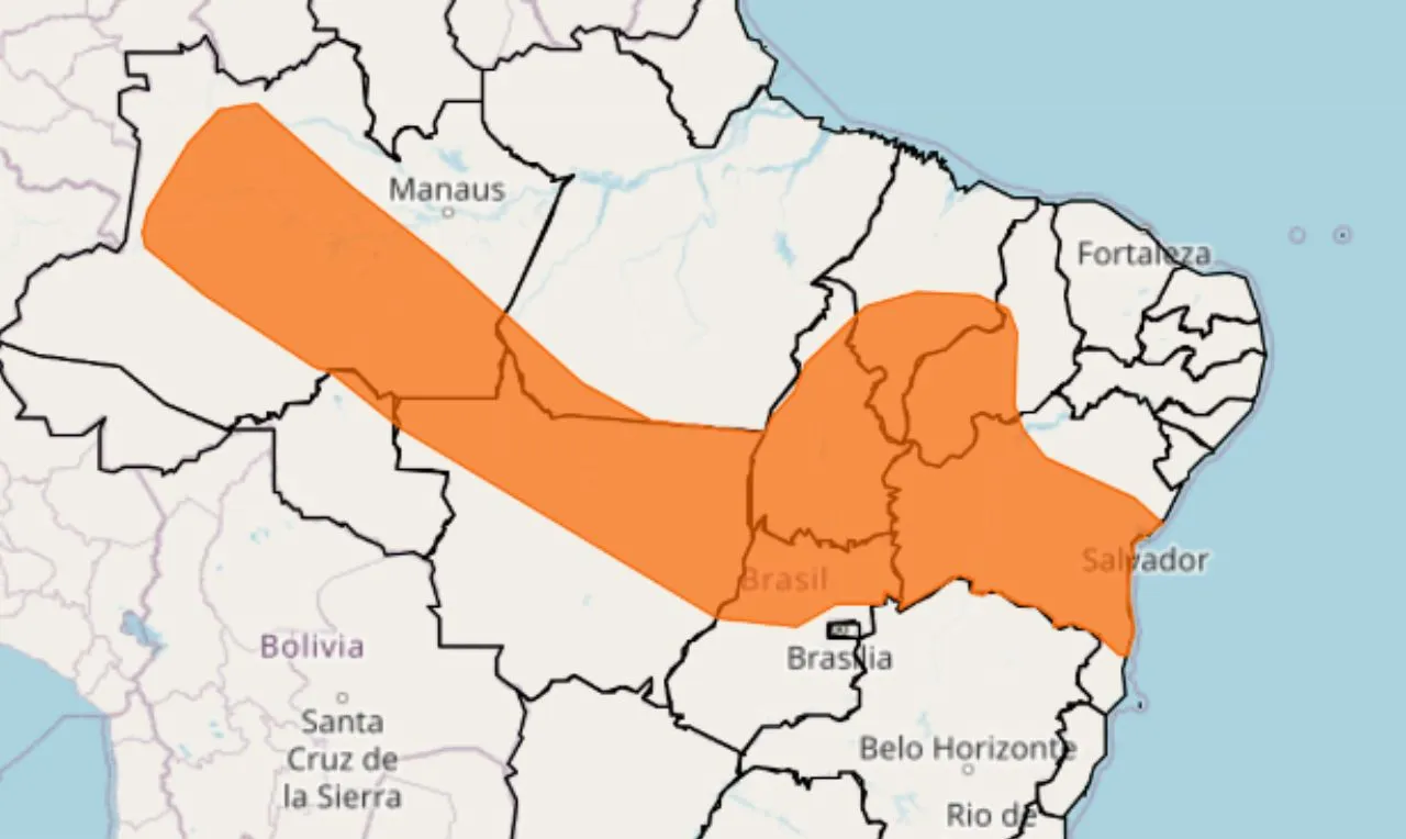 o mapa mostra as áreas em alerta para chuva intensa e ventos 